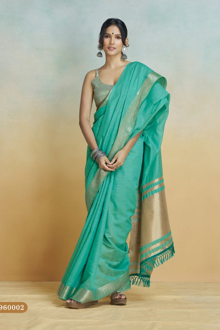 Banarasi Border, Pure Handloom Khadi silk, With Chit Pallu And Tassels (Aqua Blue)
