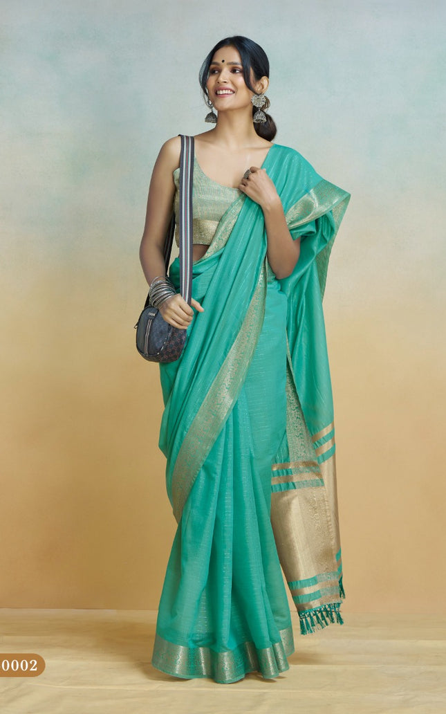 Banarasi Border, Pure Handloom Khadi silk, With Chit Pallu And Tassels (Aqua Blue)