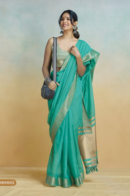 Banarasi Border, Pure Handloom Khadi silk, With Chit Pallu And Tassels (Aqua Blue)