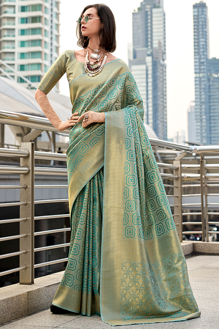 Kanjivaram style, sattin crape silk Saree (Green)