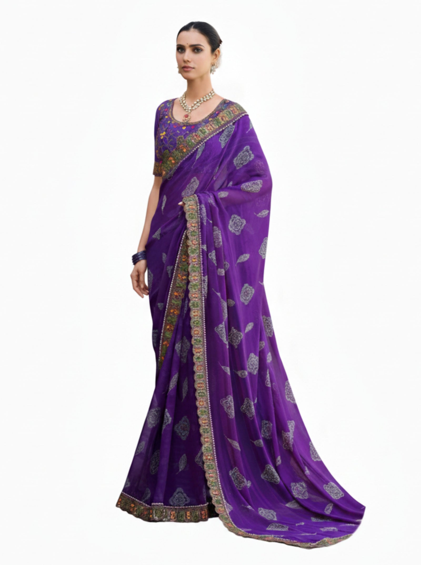 Georgette Saree with Embroidered border & Blouse (Purple)
