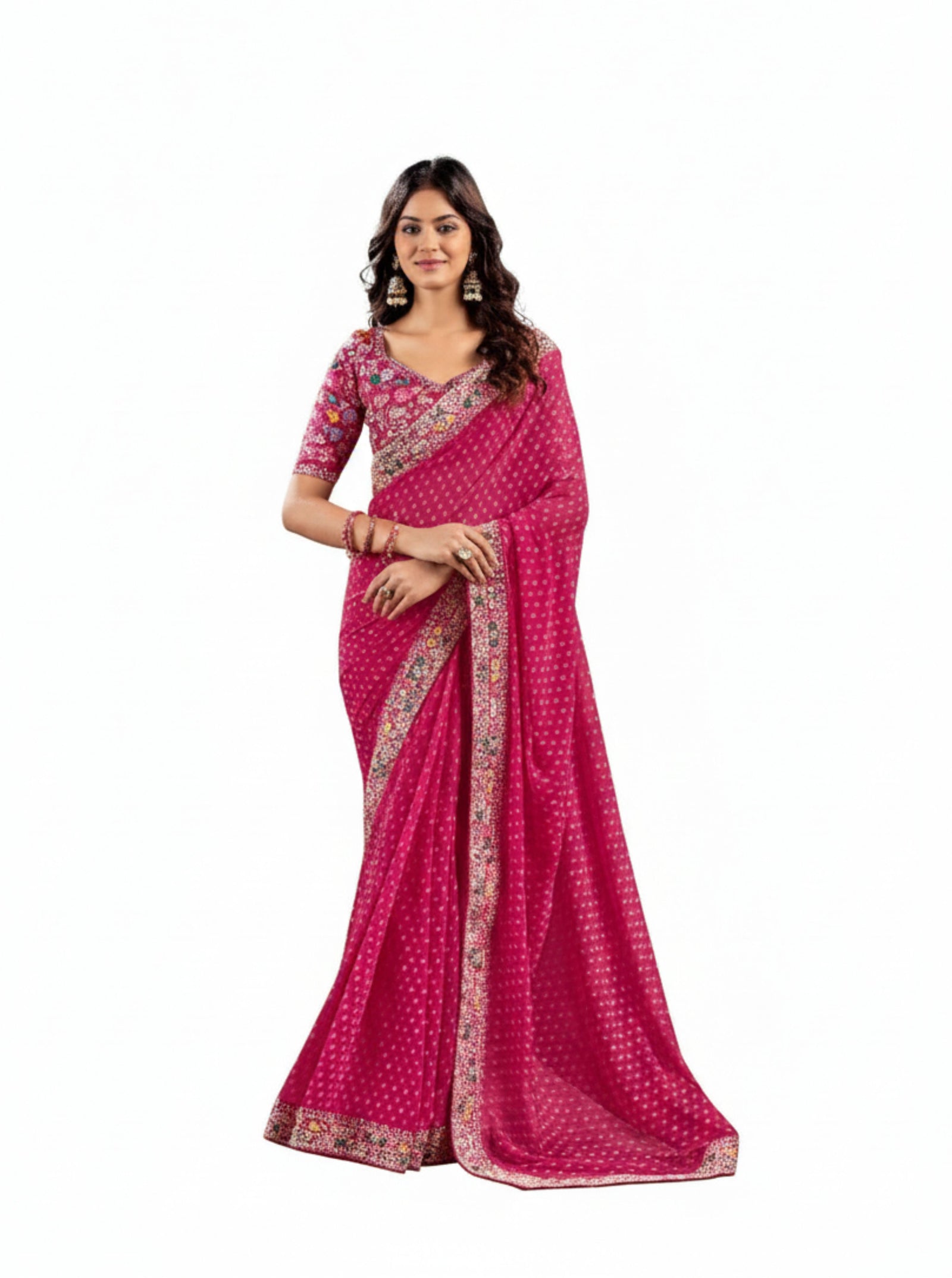 Heavy Raw Silk Saree with Embroidered Blouse (Pink)