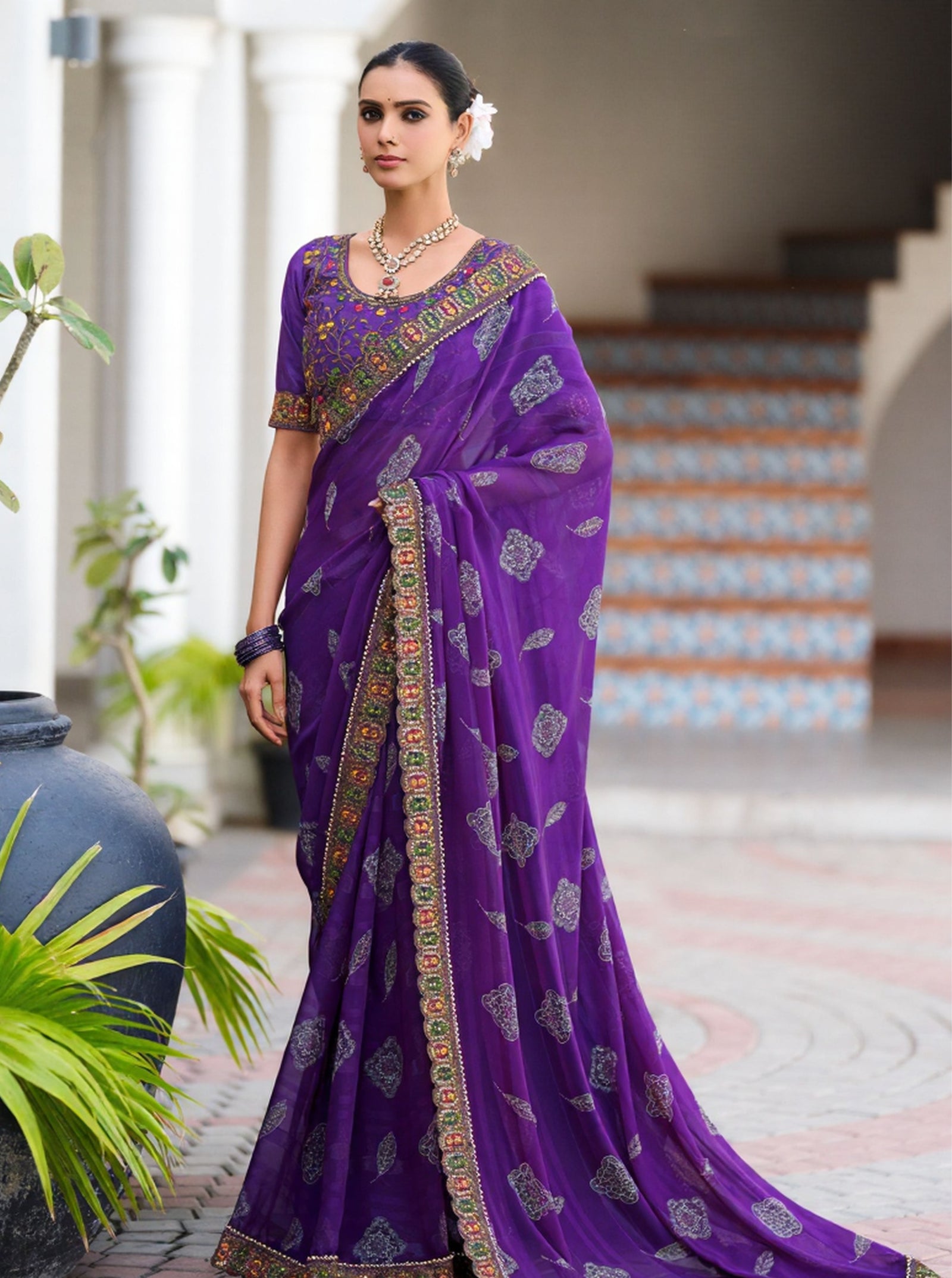 Georgette Saree with Embroidered border & Blouse (Purple)