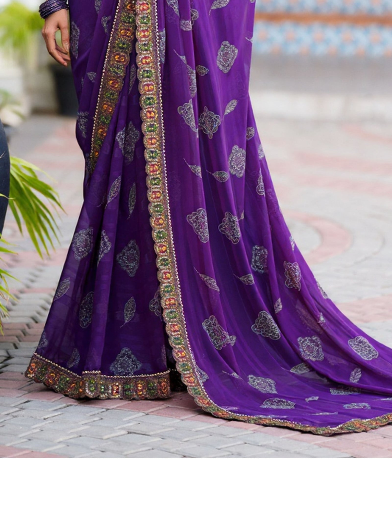 Georgette Saree with Embroidered border & Blouse (Purple)