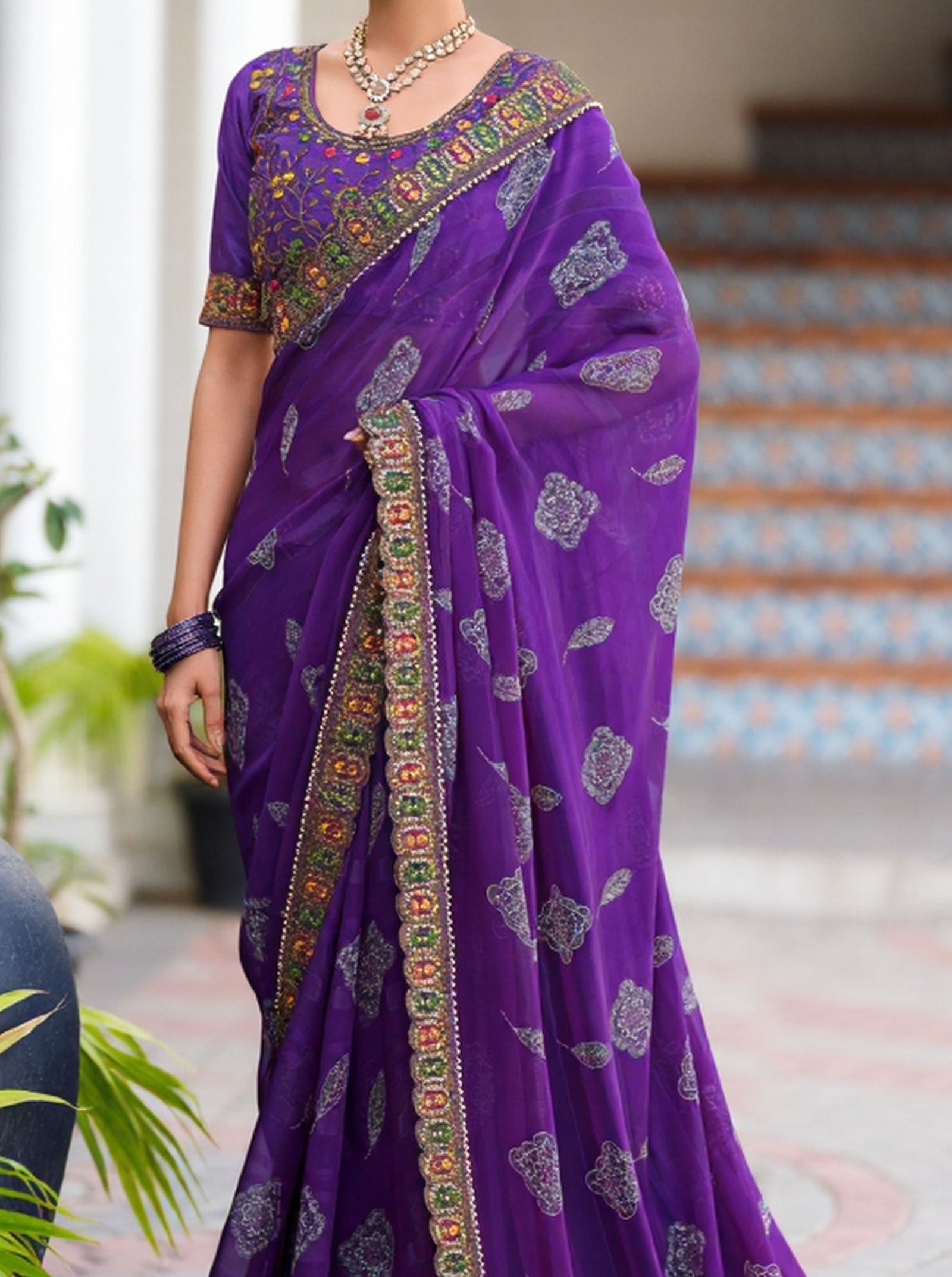 Georgette Saree with Embroidered border & Blouse (Purple)