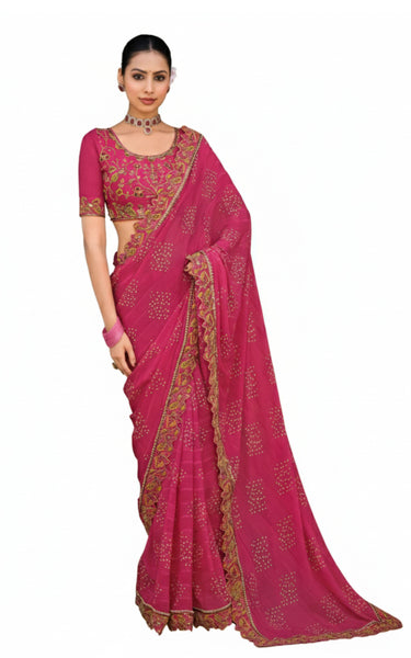 Georgette Saree with Embroidered border & Blouse (Pink)
