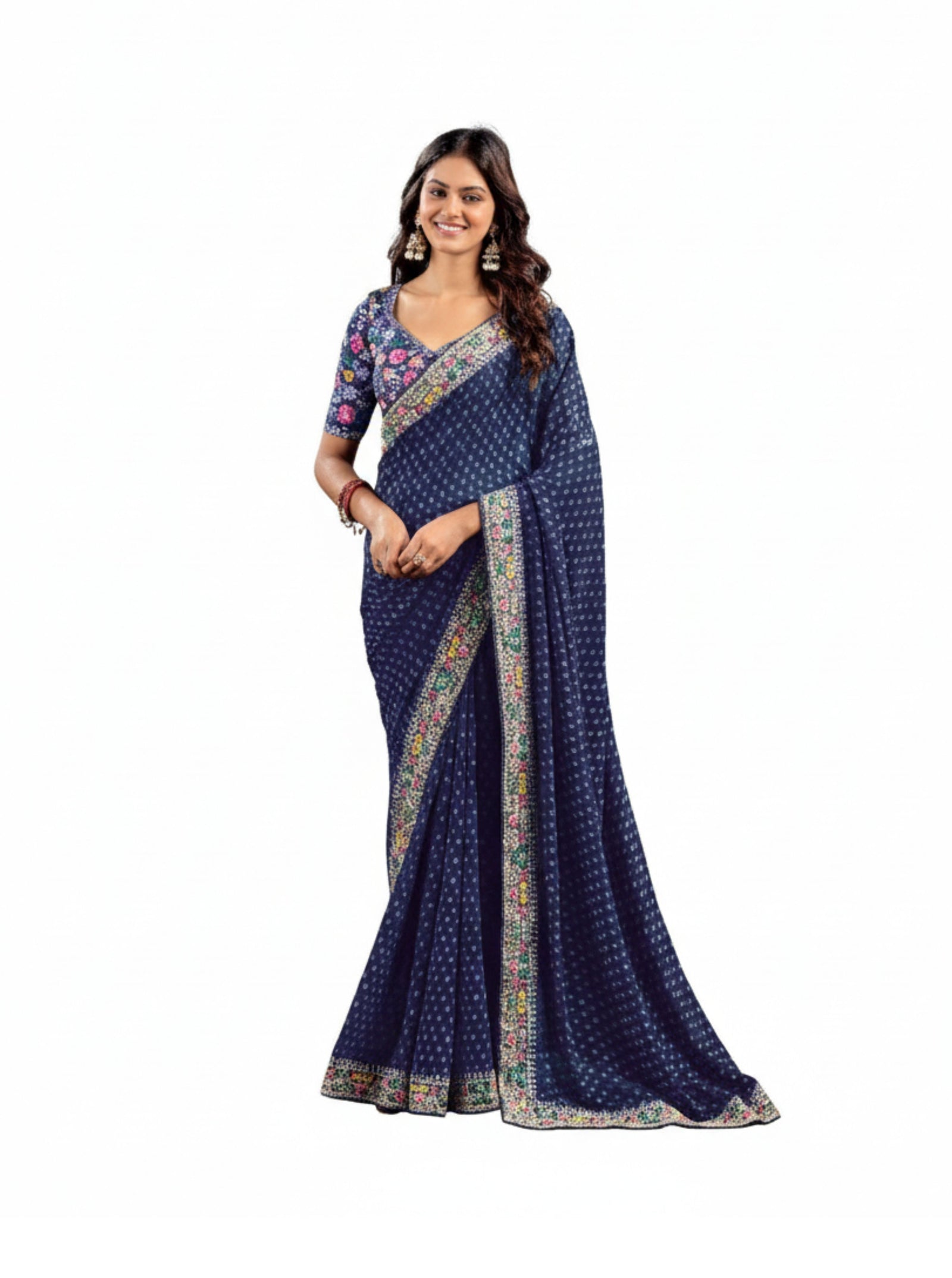 Heavy Raw Silk Saree with Embroidered Blouse (Dark Blue)