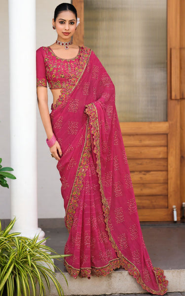 Georgette Saree with Embroidered border & Blouse (Pink)