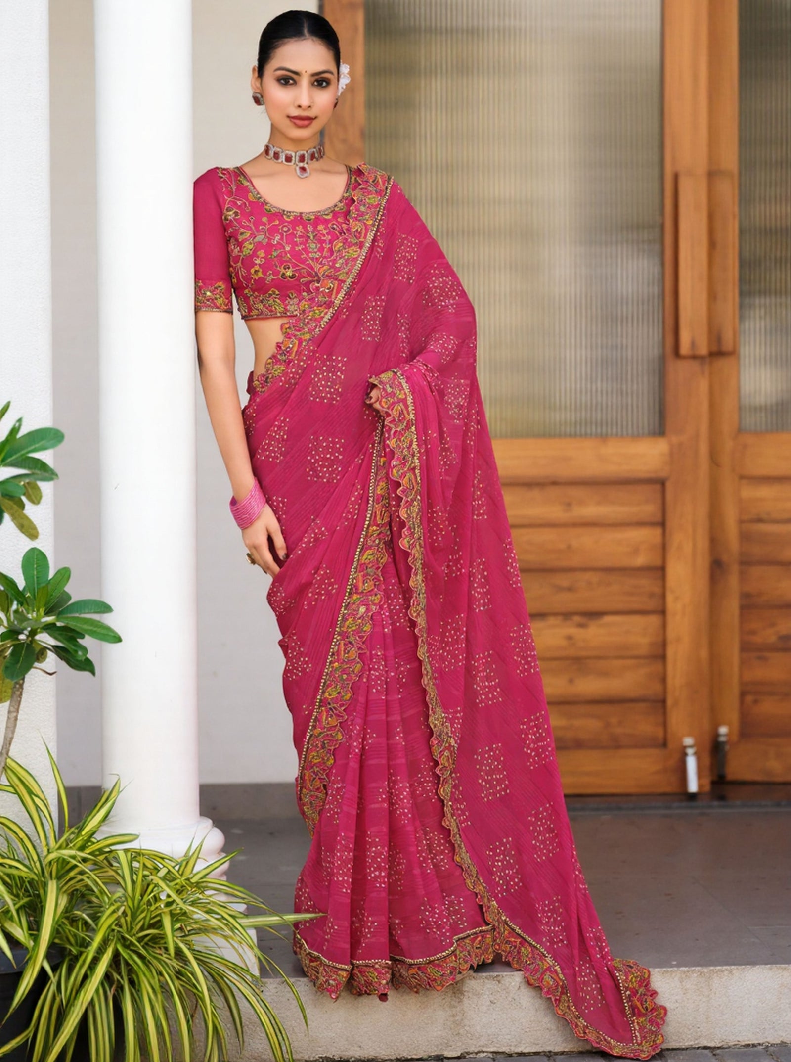 Designer Fancy Georgette Saree with Embroidery Border & Silk Blouse