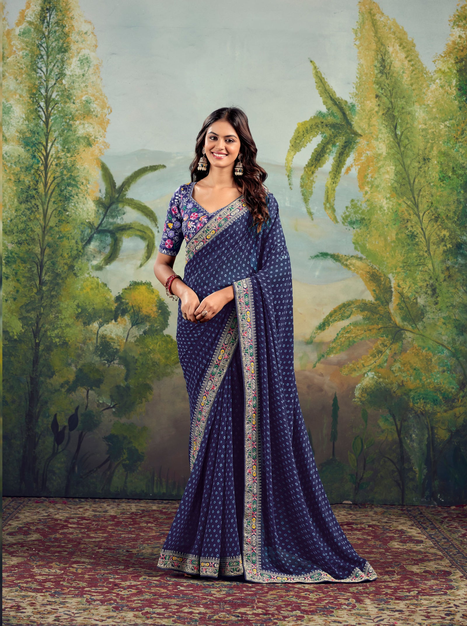 Heavy Raw Silk Saree with Embroidered Blouse (Dark Blue)