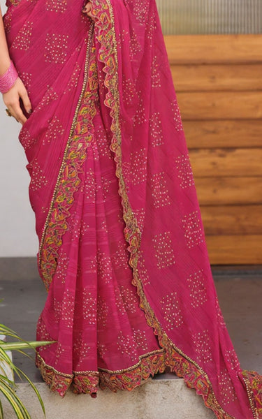 Georgette Saree with Embroidered border & Blouse (Pink)