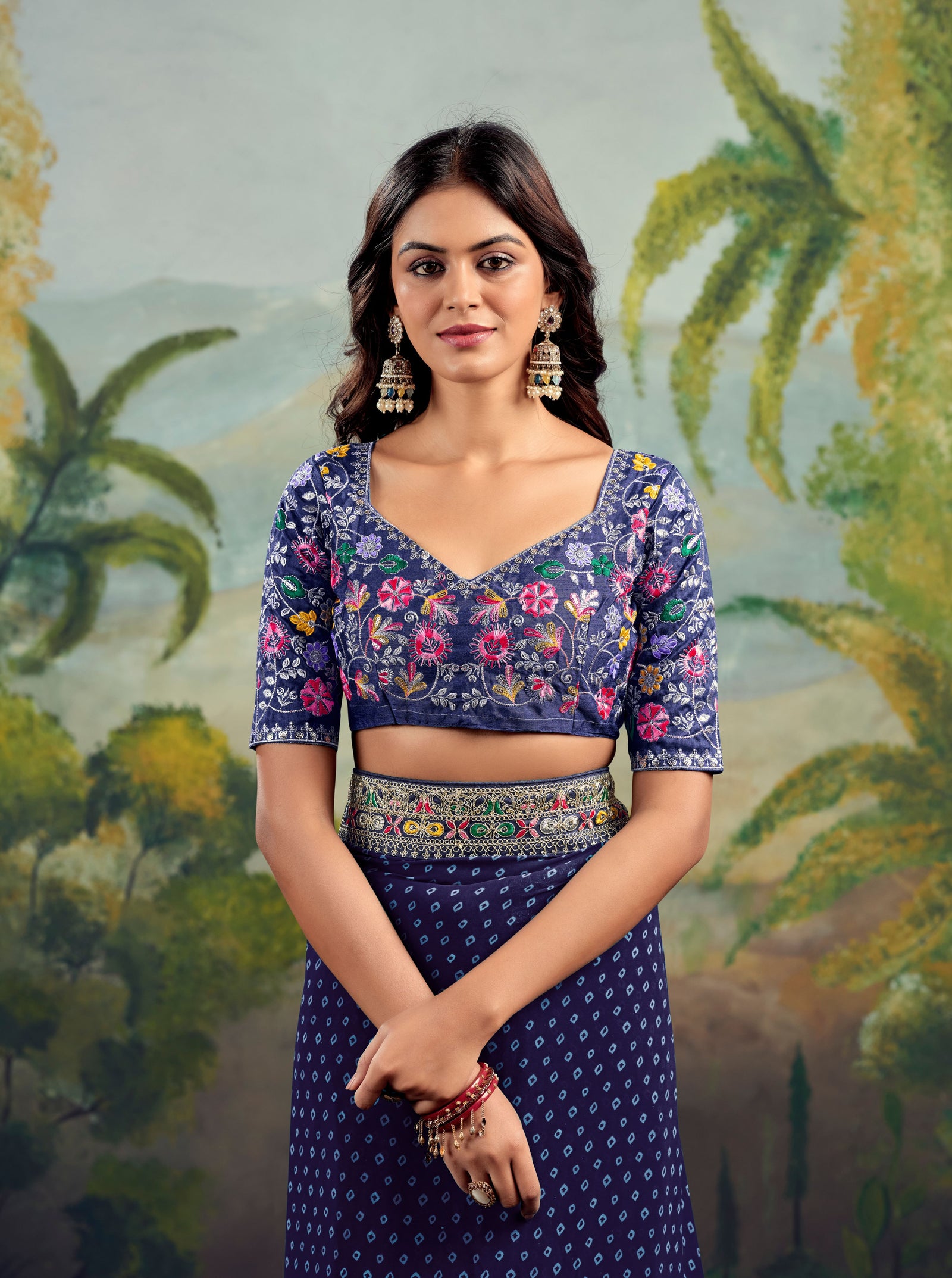 Heavy Raw Silk Saree with Embroidered Blouse (Dark Blue)
