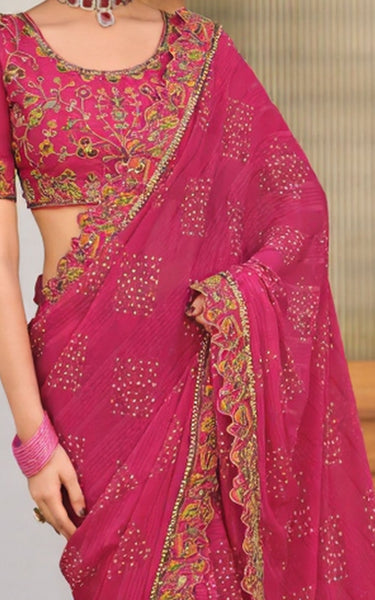 Georgette Saree with Embroidered border & Blouse (Pink)