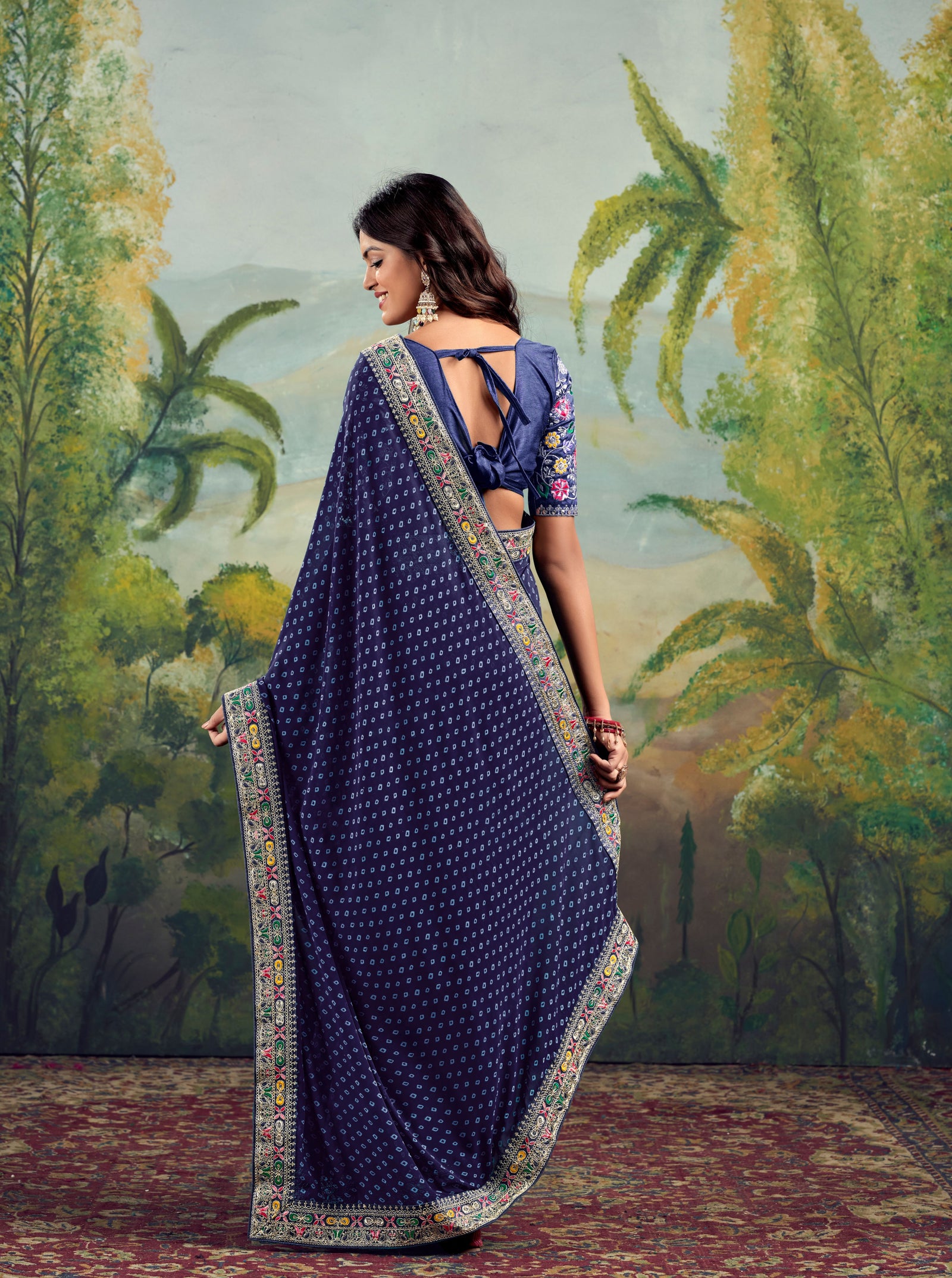 Heavy Raw Silk Saree with Embroidered Blouse (Dark Blue)