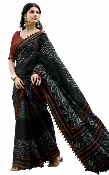 Mal Mal Cotton Saree with Stylish Pum Pum Border