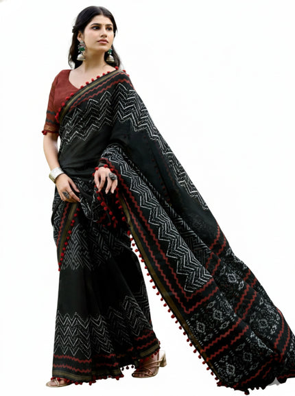 Mal Mal Cotton Saree with Stylish Pum Pum Border