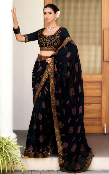 Georgette Saree with Embroidered border & Blouse (Black)