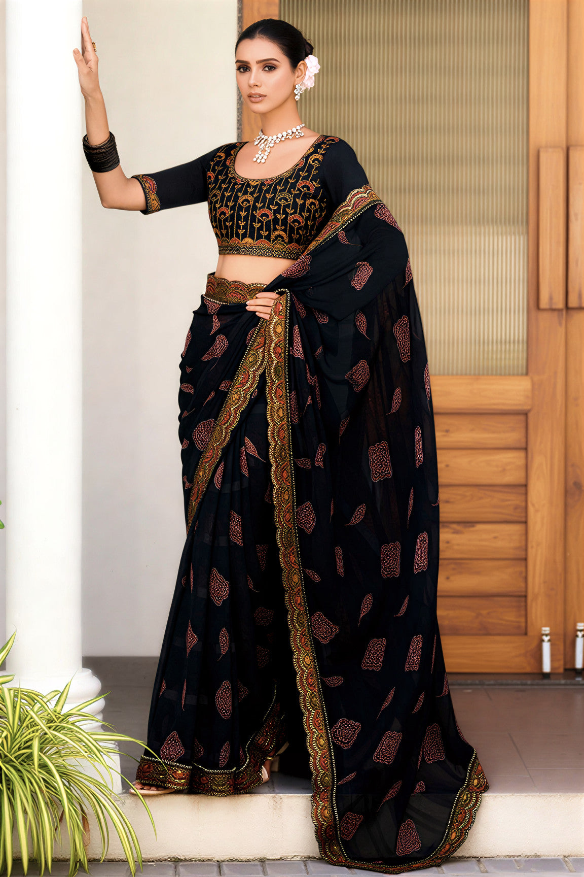 Georgette Saree with Embroidered border & Blouse (Black)