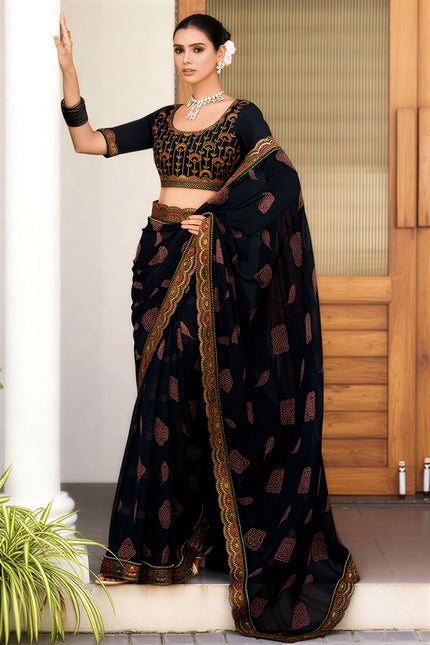 Party Wear Georgette Saree with Fancy Pattern & Embroidered Border