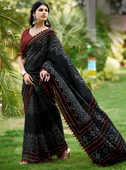 Mal Mal Cotton Saree with Stylish Pum Pum Border