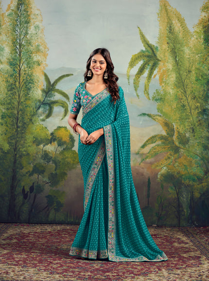 Heavy Raw Silk Saree with Embroidered Blouse (Teal Green)