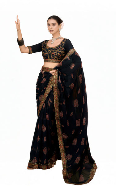 Georgette Saree with Embroidered border & Blouse (Black)