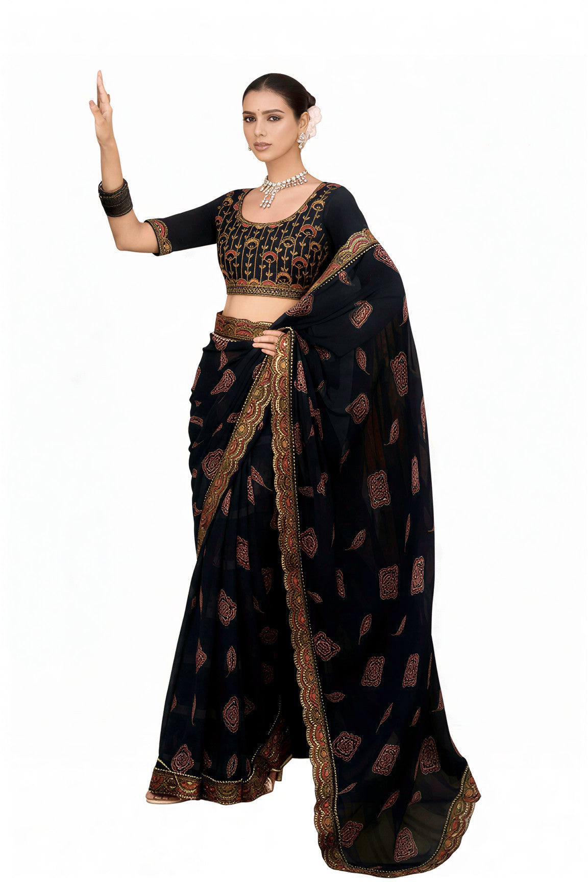 Georgette Saree with Embroidered border & Blouse (Black)