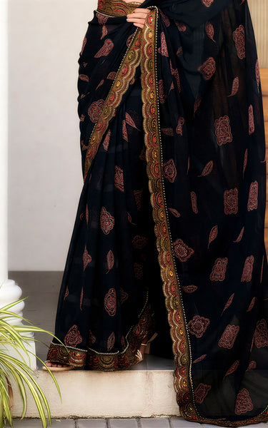 Georgette Saree with Embroidered border & Blouse (Black)