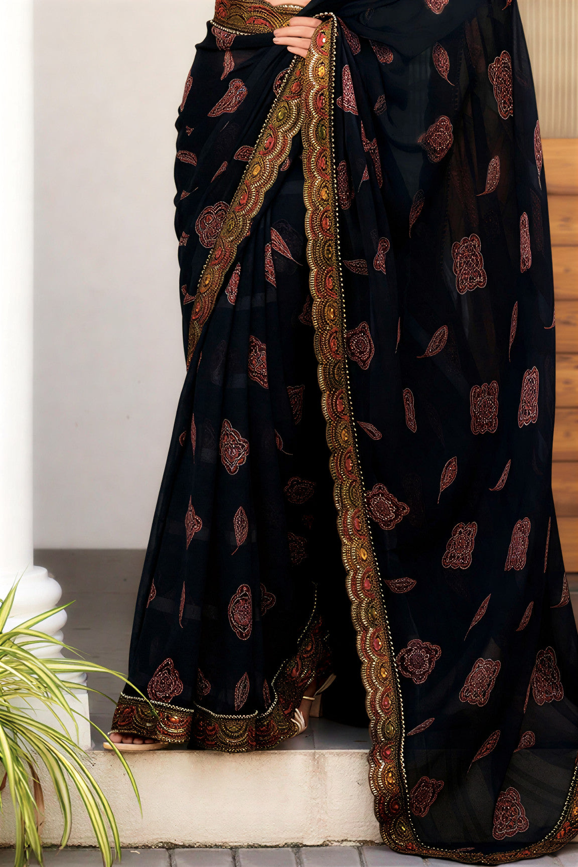 Georgette Saree with Embroidered border & Blouse (Black)