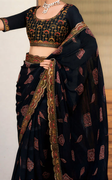 Georgette Saree with Embroidered border & Blouse (Black)