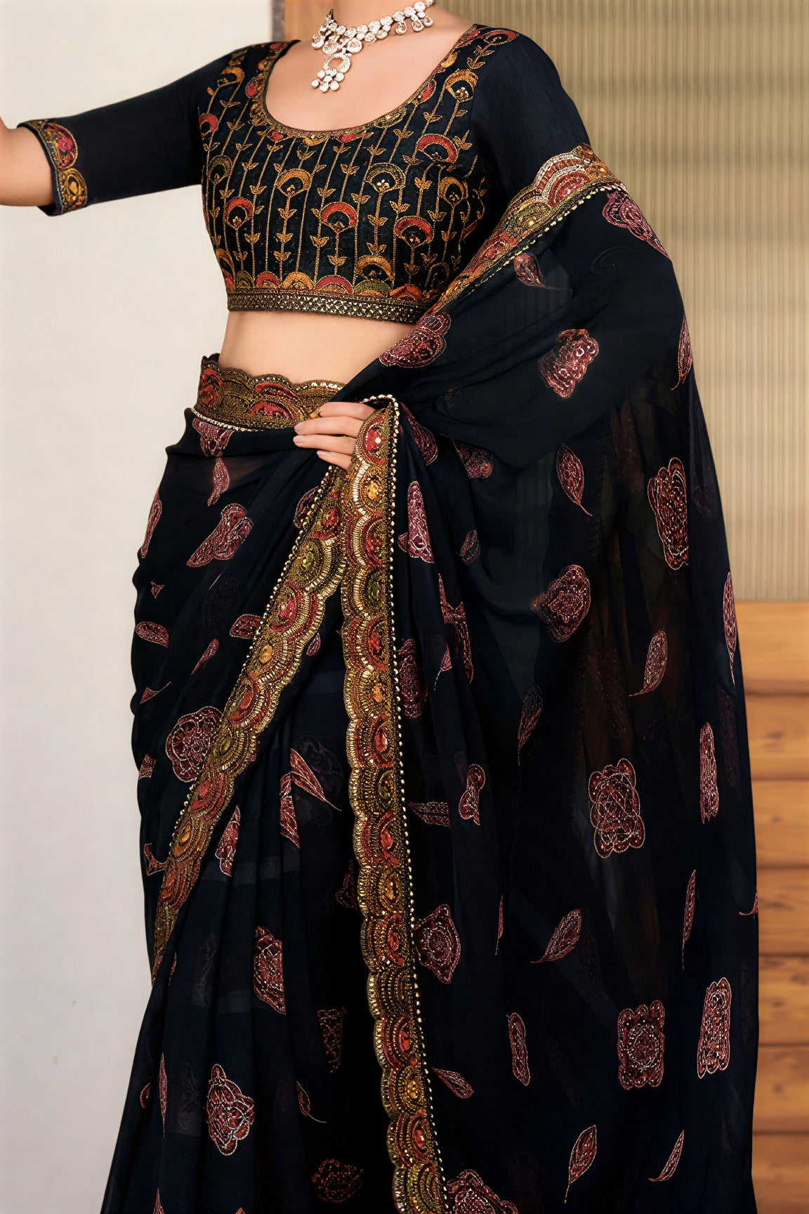 Georgette Saree with Embroidered border & Blouse (Black)