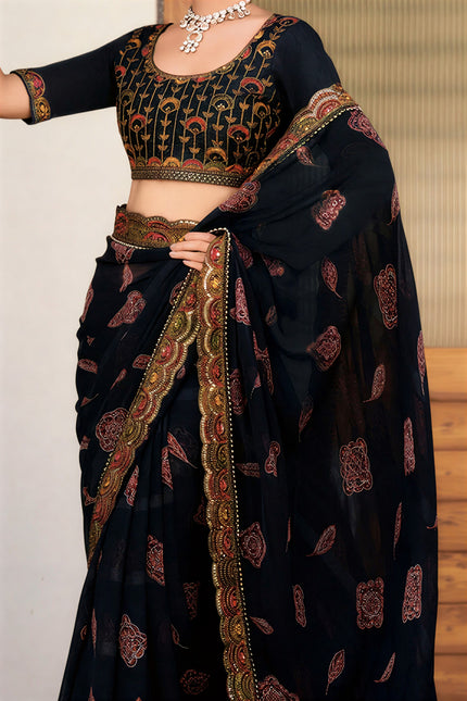 Party Wear Georgette Saree with Fancy Pattern & Embroidered Border