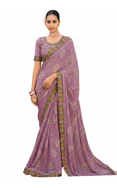Georgette Saree with Embroidered border & Blouse (Lavender)