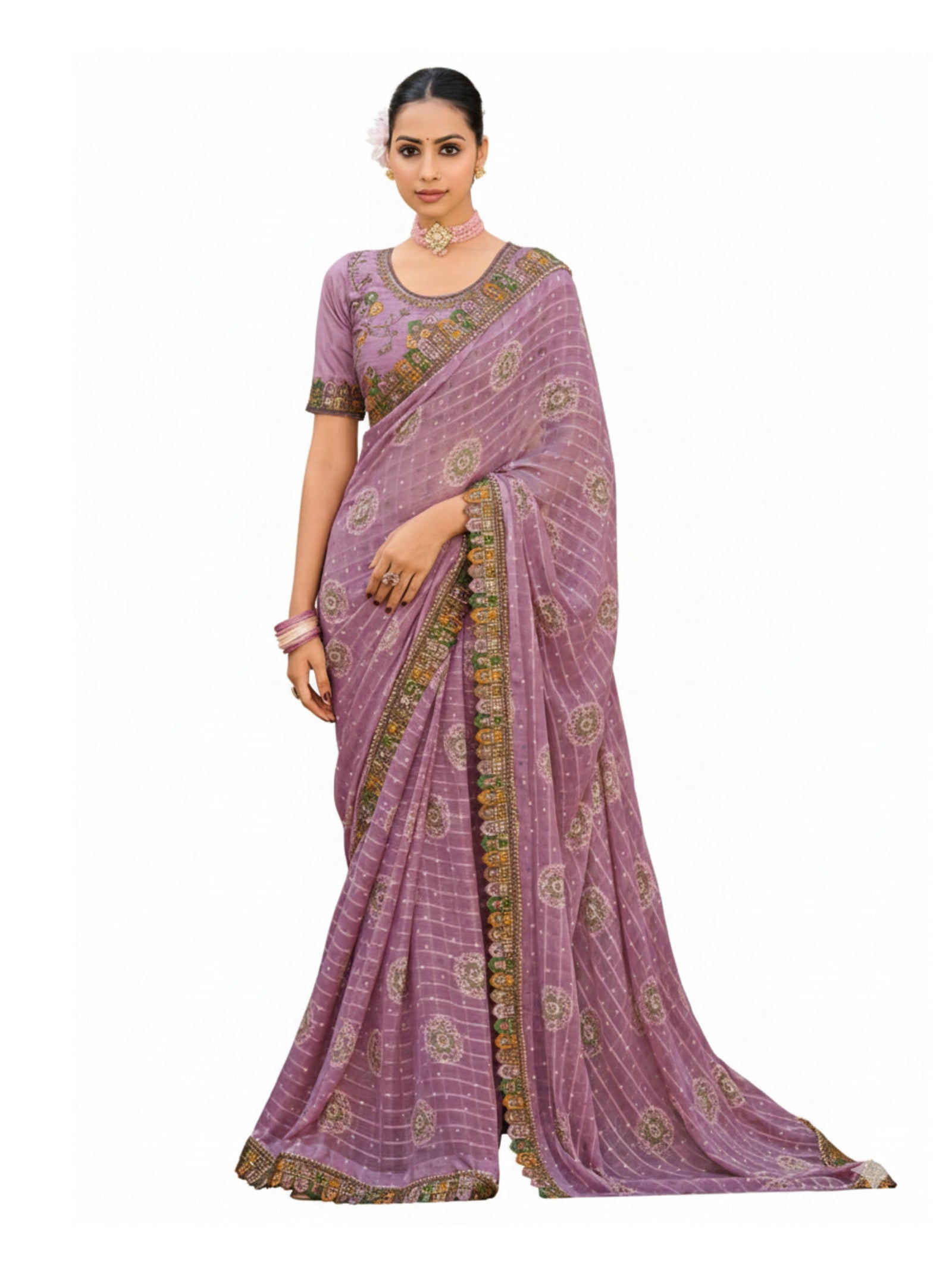 Georgette Saree with Embroidered border & Blouse (Lavender)