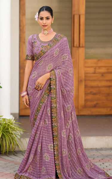Georgette Saree with Embroidered border & Blouse (Lavender)
