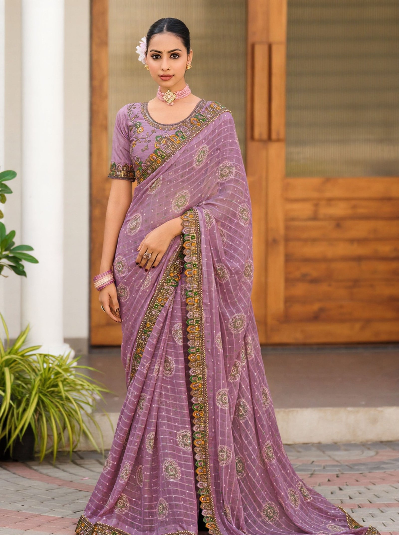 Georgette Saree with Embroidered border & Blouse (Lavender)