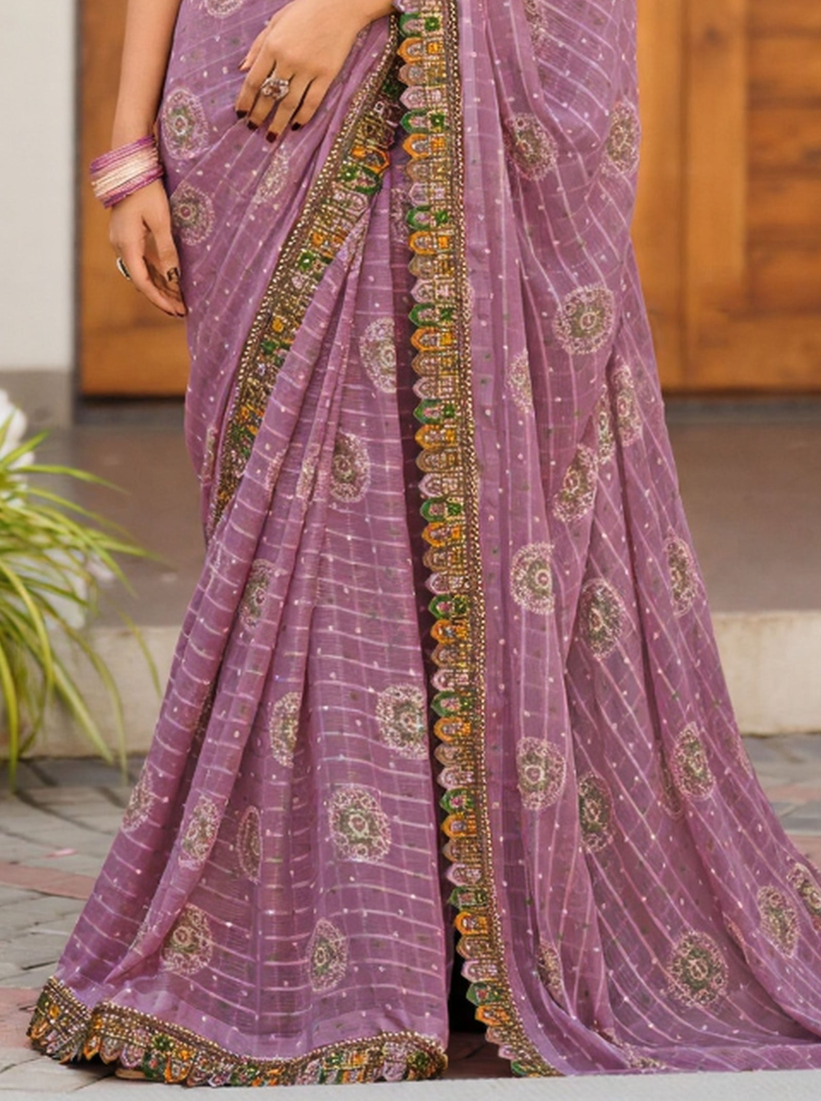 Georgette Saree with Embroidered border & Blouse (Lavender)
