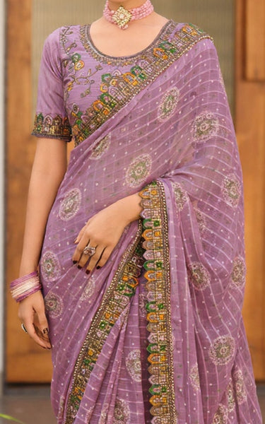 Georgette Saree with Embroidered border & Blouse (Lavender)