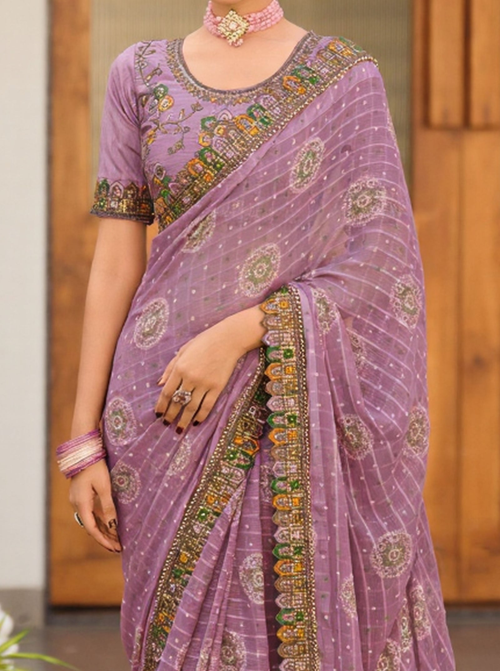 Georgette Saree with Embroidered border & Blouse (Lavender)