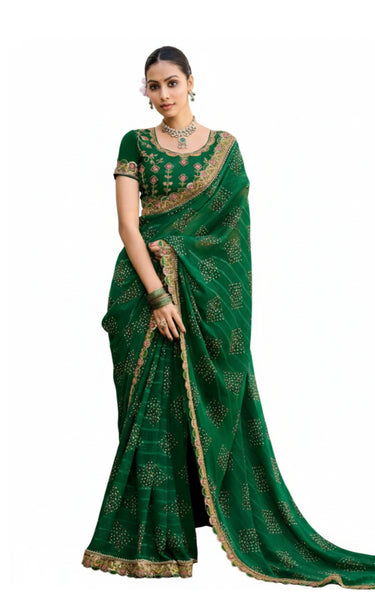 Georgette Saree with Embroidered border & Blouse (Green)