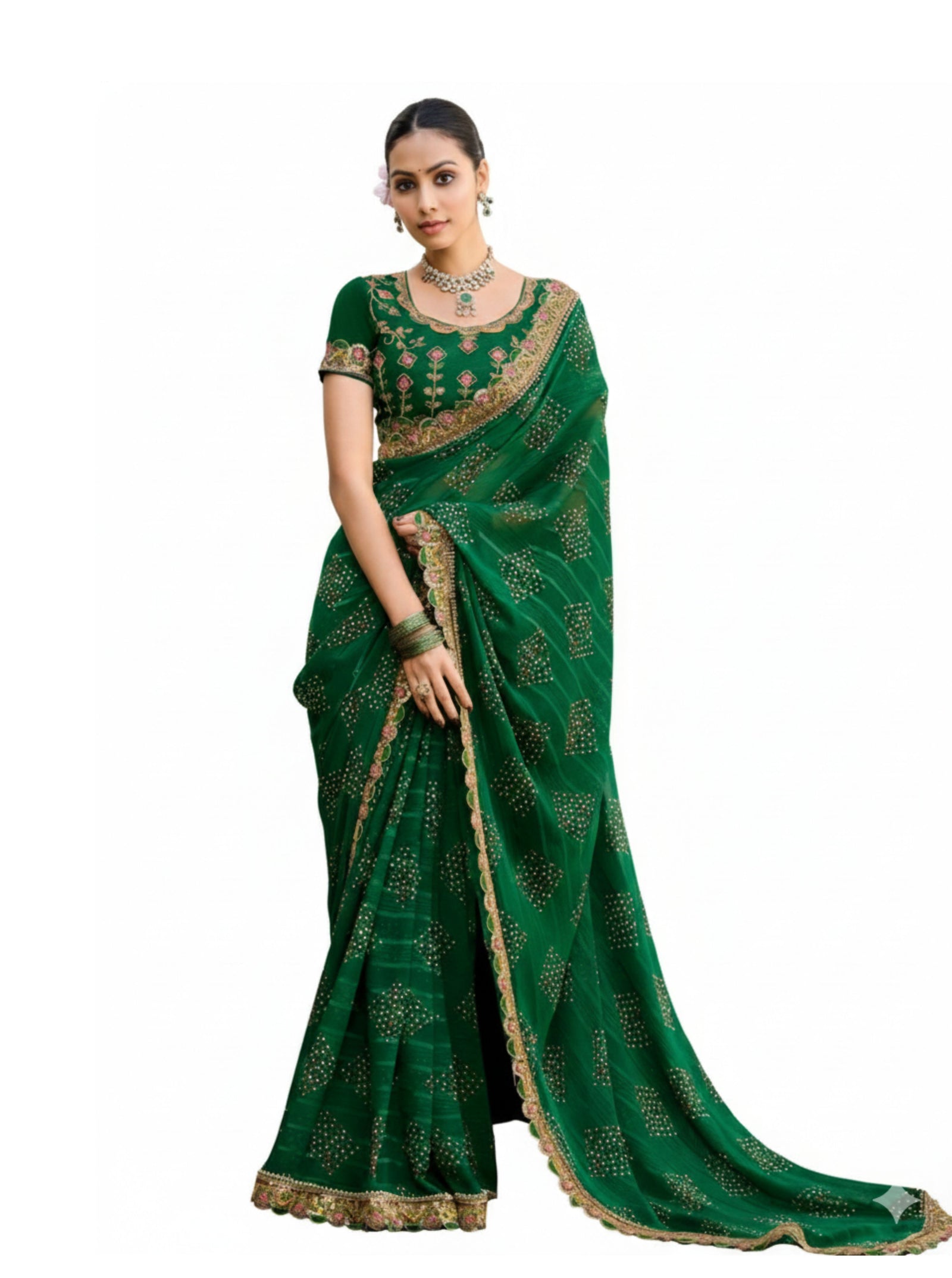 Georgette Saree with Embroidered border & Blouse (Green)