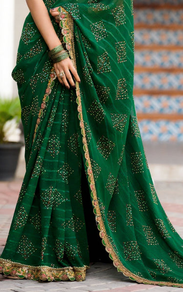 Georgette Saree with Embroidered border & Blouse (Green)