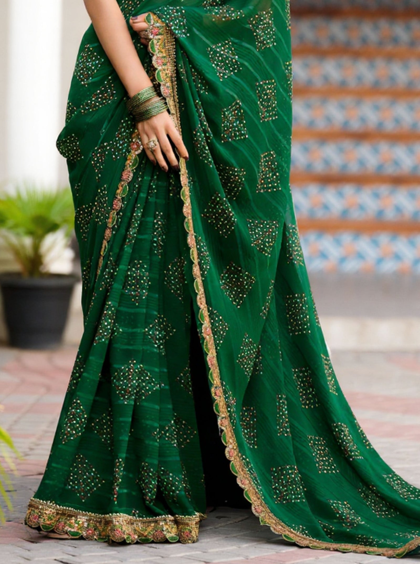 Georgette Saree with Embroidered border & Blouse (Green)