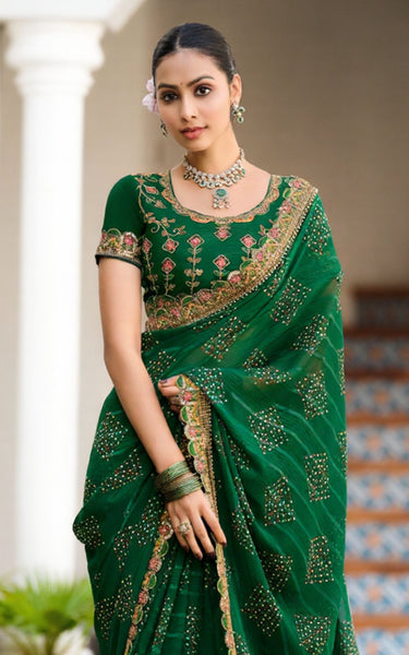 Georgette Saree with Embroidered border & Blouse (Green)