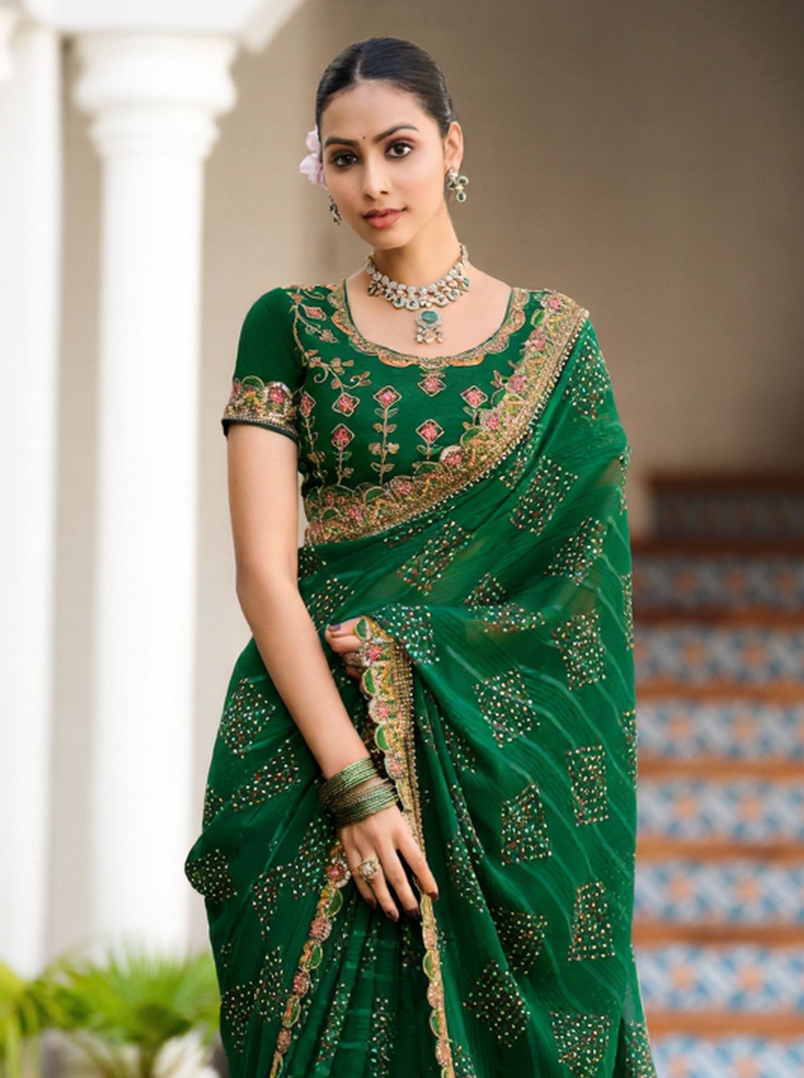 Georgette Saree with Embroidered border & Blouse (Green)