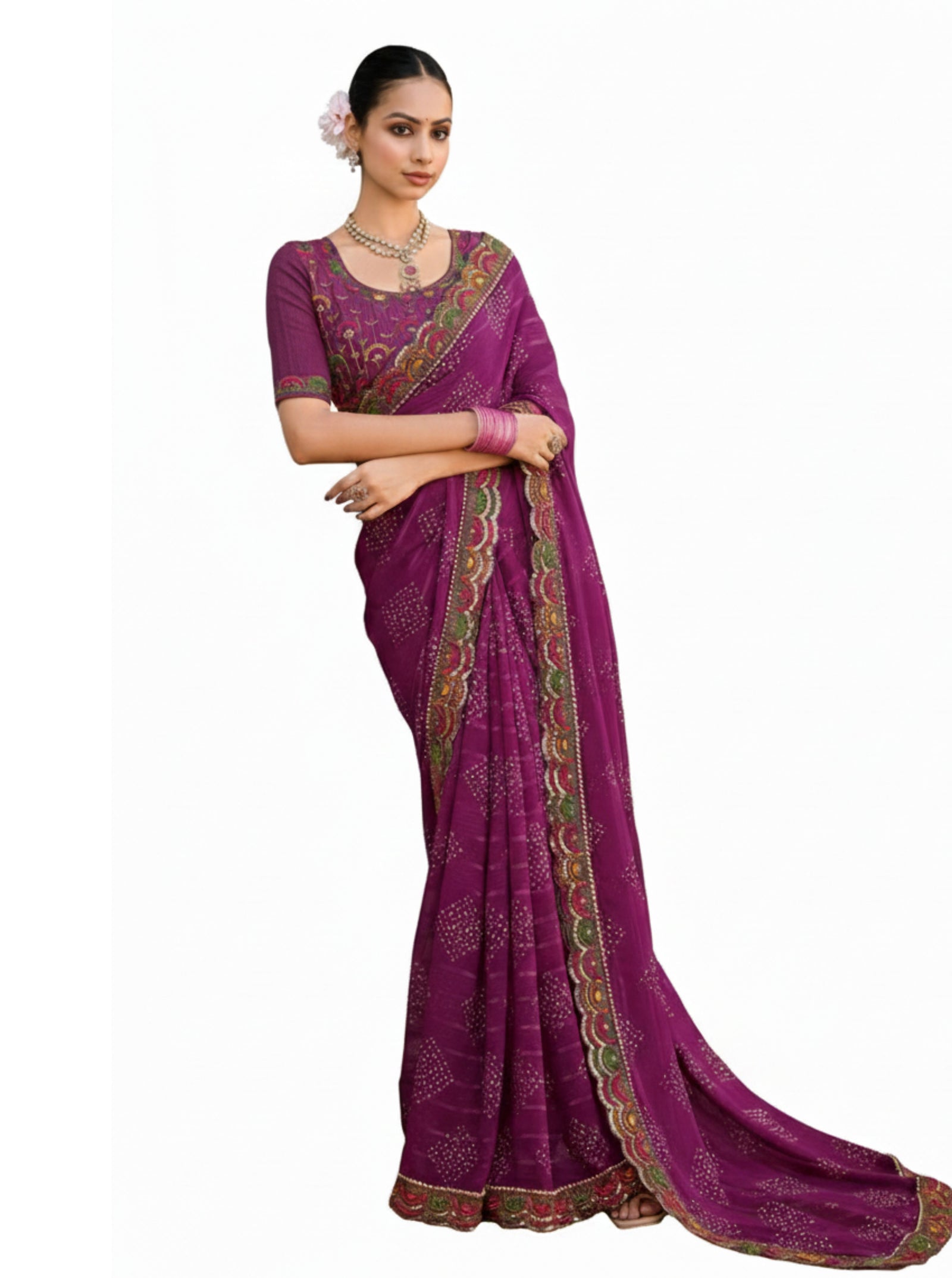 Georgette Saree with Embroidered border & Blouse (Magenta)