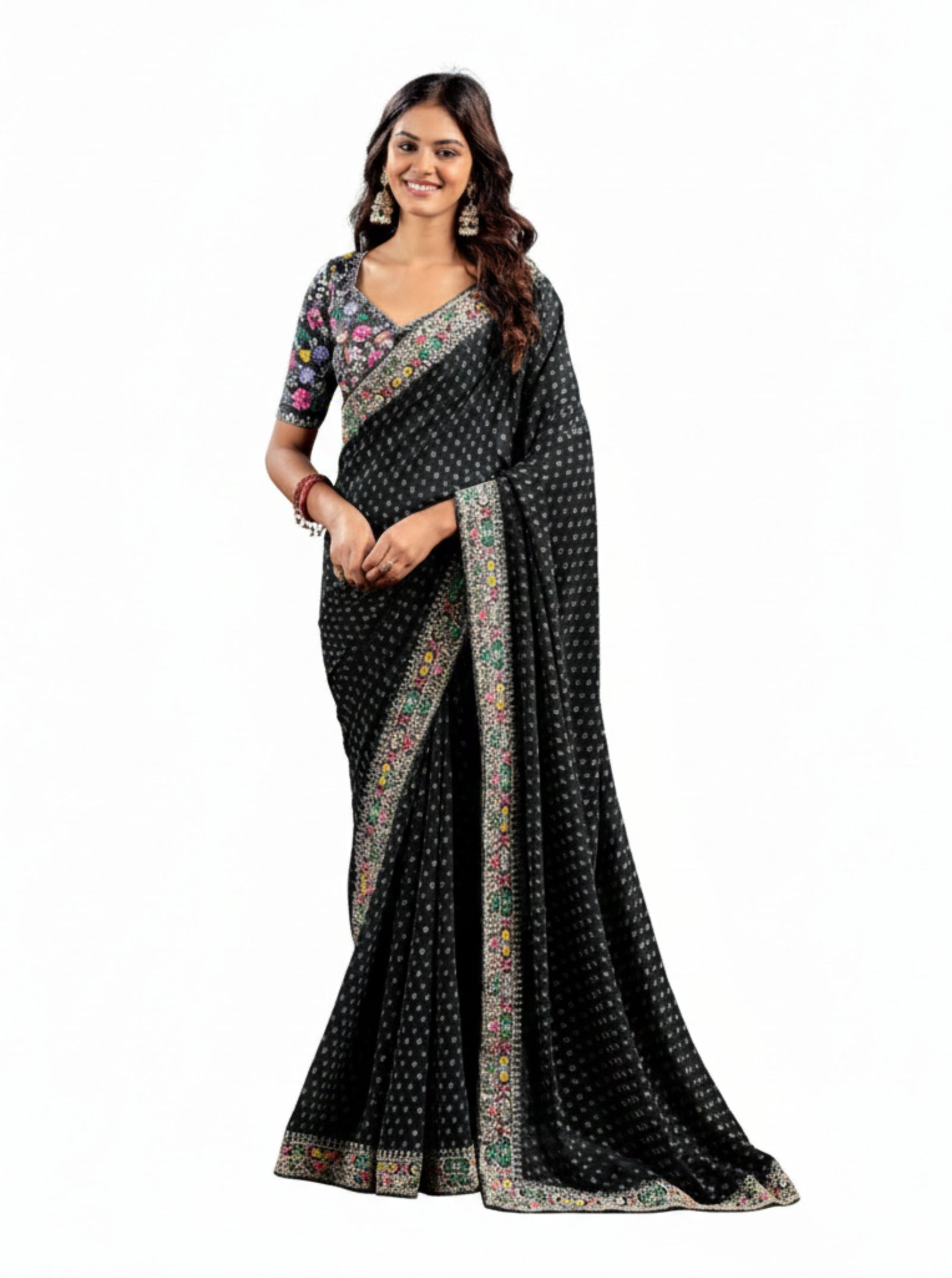 Heavy Raw Silk Saree with Embroidered Blouse (Black)