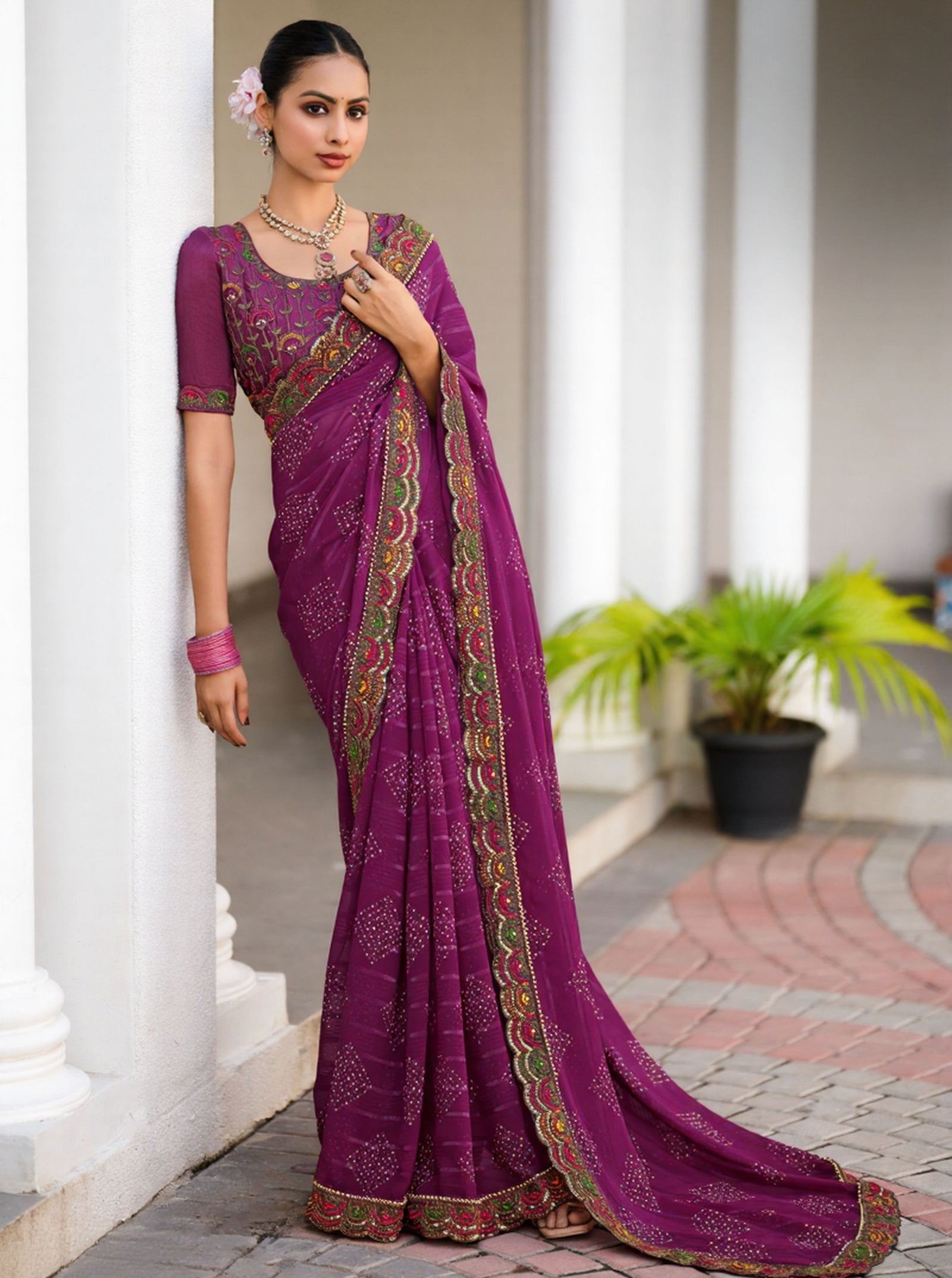 Georgette Saree with Embroidered border & Blouse (Magenta)