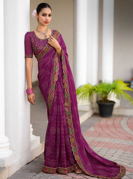 Georgette Saree with Embroidered border & Blouse (Magenta)