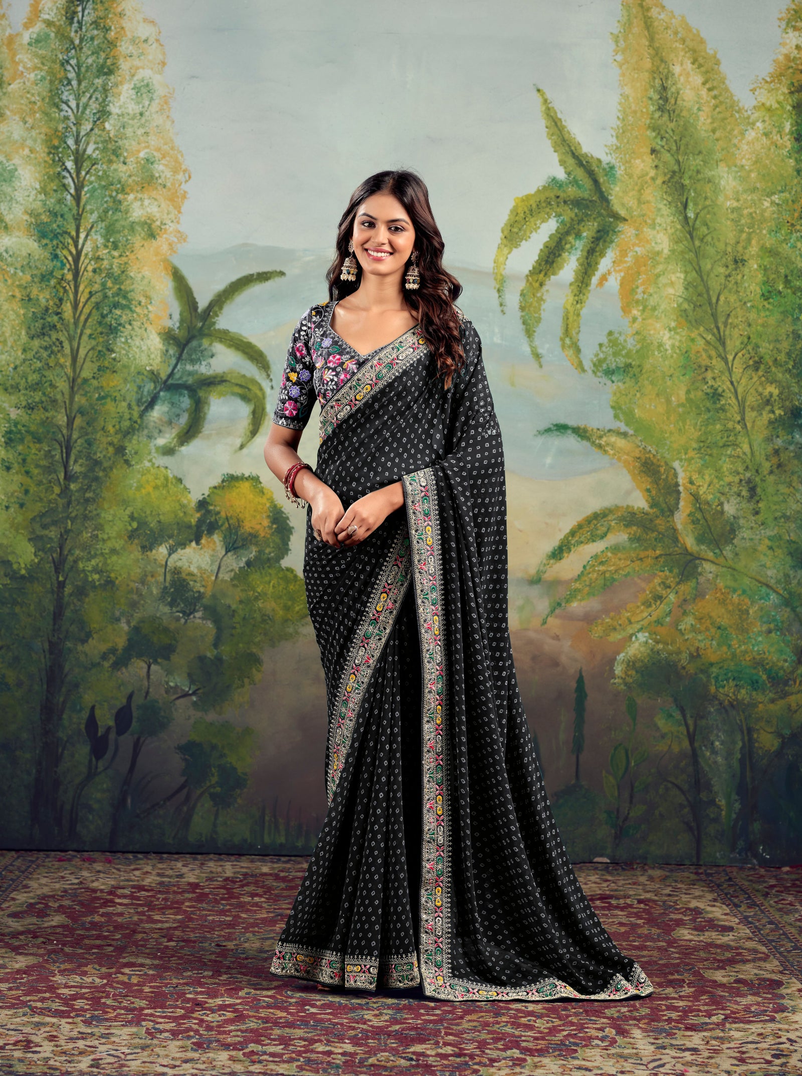 Heavy Raw Silk Saree with Embroidered Blouse (Black)